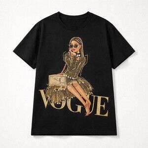 VOGUE T-Shirt Womens Sz S / M Black Rhinestone Graphic Short Sleeve Crew